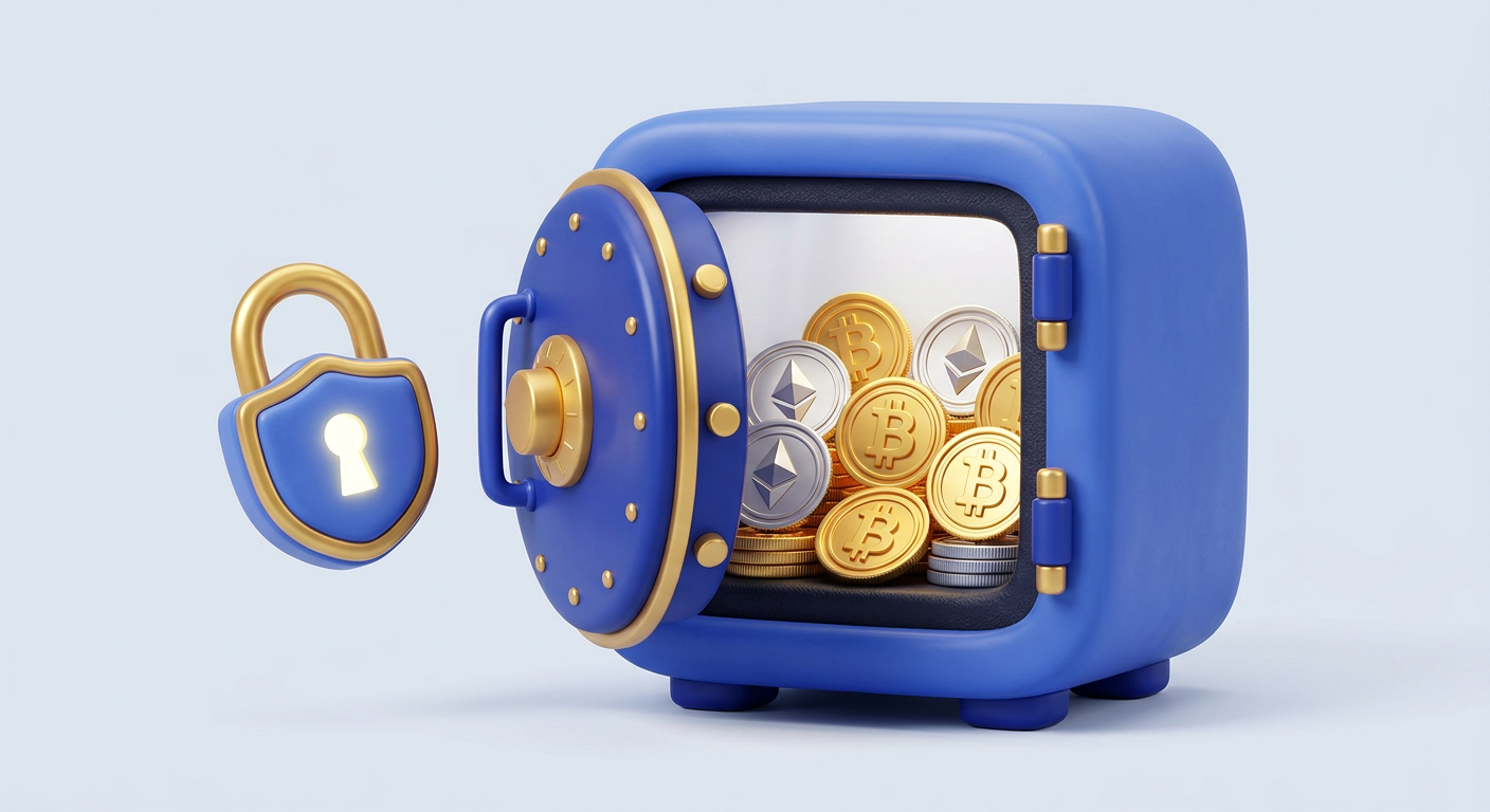 3D illustration of a vault filled with Bitcoin and Ethereum as collateral